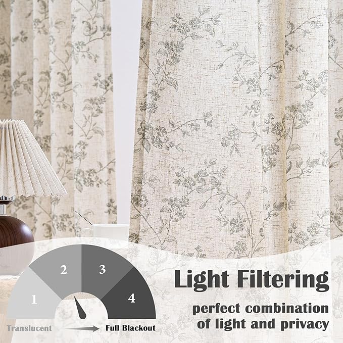 Lazzzy Farmhouse Linen Curtains Gray Floral Curtains 96 Inch Long Back Tab Drapes for Living Room Bedroom Light Filtering Country Vintage Rod Pocket Curtain, 2 Panels, Grey on Beige