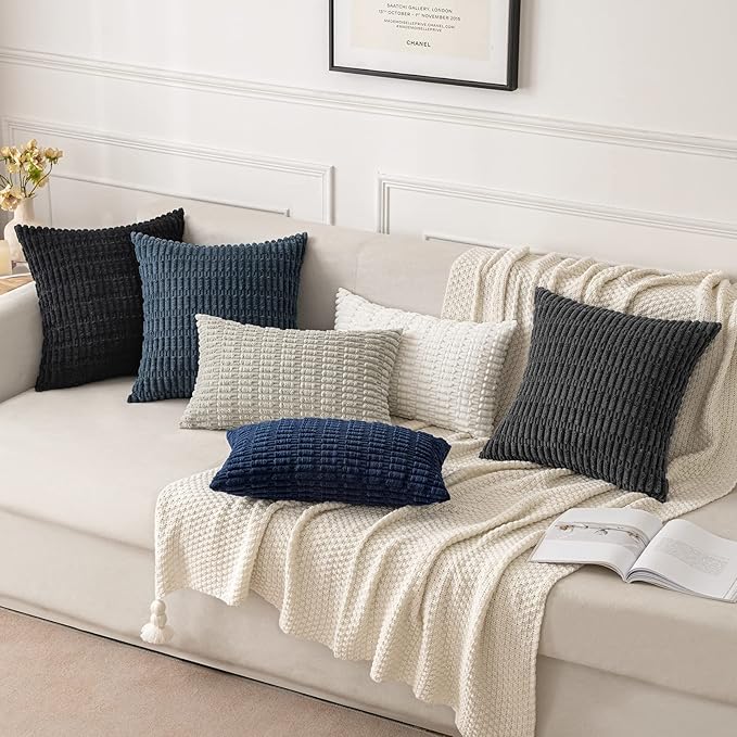 MIULEE Pack of 2 Corduroy Decorative Throw Pillow Covers 20x20 Inch Soft Boho Striped Pillow Covers Modern Farmhouse Home Decor for Summer Coastal Sofa Living Room Couch Bed Dark Blue