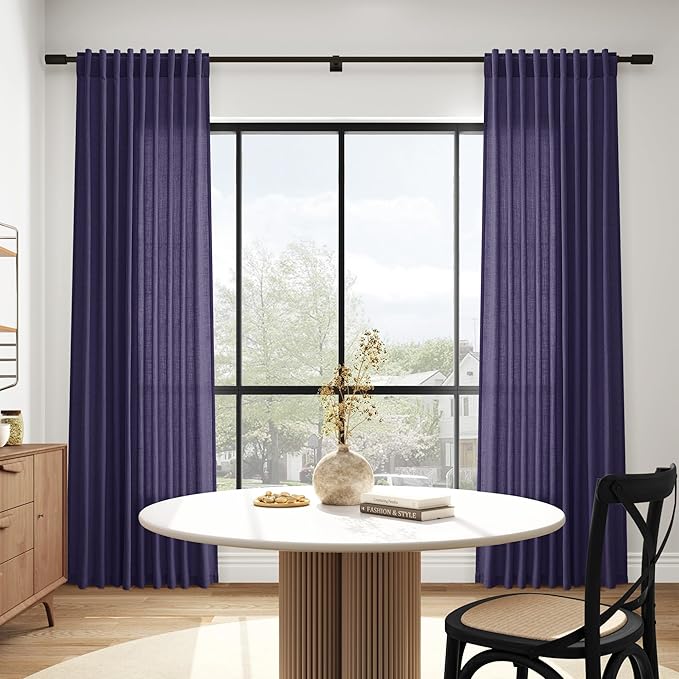 Purple Linen Curtains 90 Inch Long 2 Panels Set for Bedroom Living Room, Soft Linen Textured Window Drapes Semi Sheer Light Filtering Rod Pocket Back Tab Morden Style 52x90