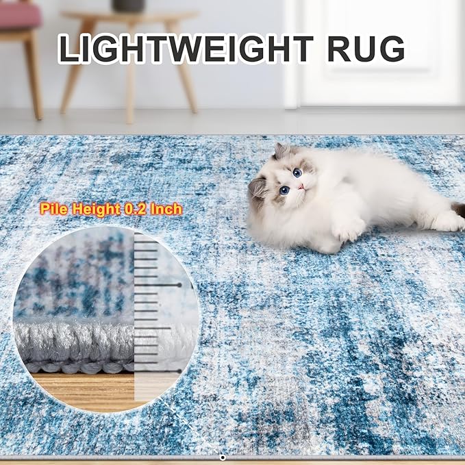 6x9 Area Rugs for Living Room - Washable Rug Modern Abstract Soft Large Neutral Non-Slip Carpet Indoor Floor Thin Carpets for Bedroom Dining Room Farmhouse Nursery Home Office Blue Grey