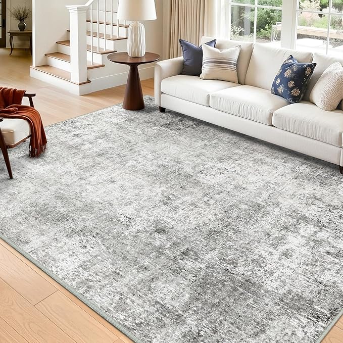 Washable Area Rugs 7'x9' Non-Slip Modern Abstract Soft for Living Room Entryway Bedroom Nursery, Print Pattern, Gray White Grey