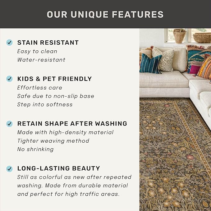 Hazo Haus Non Slip 2x7 Gold Brown Runner Rugs - Washable Long Runner for Bathroom, Kitchen, Hallway, Indoor Floor Mat, Bedroom Bedside - Brown Earthy Vintage Floral Décor