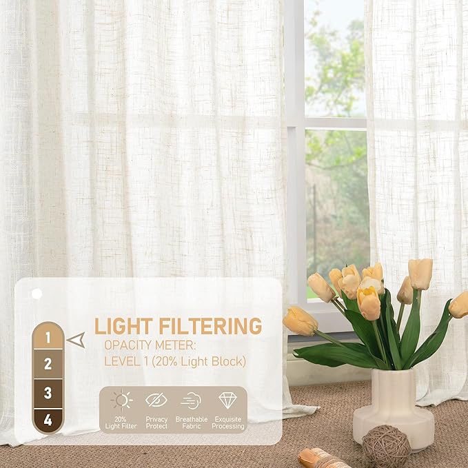 LAMIT Semi Sheer Linen Curtains 96 inches Long 2 Panels Set, Light Filtering Semi Sheer Panels Back Tab and Rod Pocket Floor to Ceiling Curtains for Bedroom/Living Room, Cream, 52 x 96 Inch