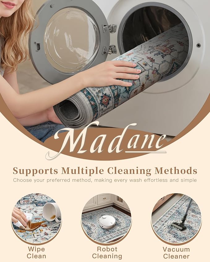 Madane Hallway Runner Rug 3x6 - Washable Kitchen Rugs Entryway Rug Runner Vintage Soft Floor Mat Non Slip Indoor Farmhouse Carpet for Bathroom Living Room Bedroom (3 X 6, Blue)