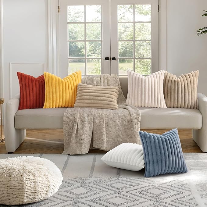 decorUhome Cozy Faux Fur Throw Pillow Covers 16x16 Set of 2 Decorative Soft Plush Striped Modern Farmhouse Boho Couch Pillow Cases with Velvet Back for Sofa Bed Living Room, Grey Blue