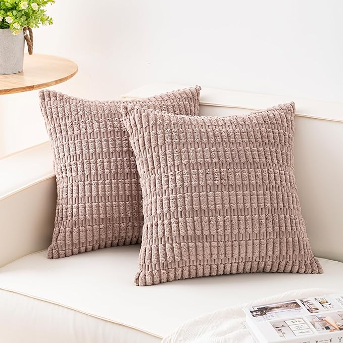 Pack of 2 Corduroy Decorative Throw Pillow Covers 22x22 Inch Soft Striped Pillow Covers Modern Farmhouse Home Decor for Sofa Living Room Couch Bed（Light Brown）