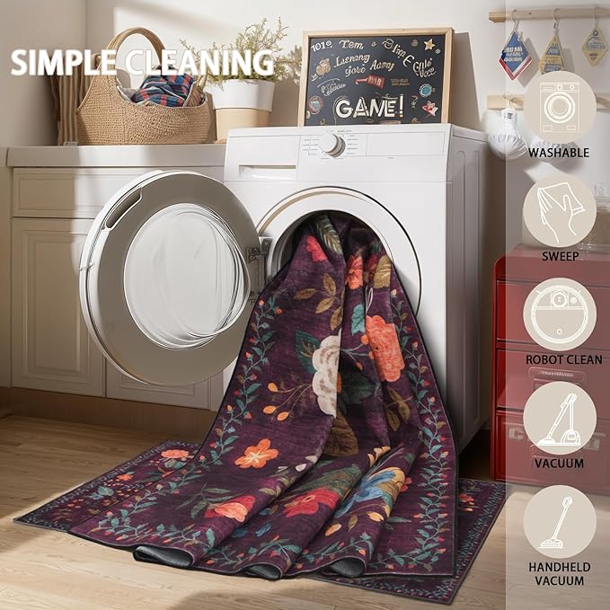 Rug for Hallways Kitchen Rug 2x6, Non Slip Washable Rugs with Rubber Backing Soft Floral Carpet Runner for Hallways, Kitchen, Laundry, Bedroom, Bathroom (2 x 6, Purple)
