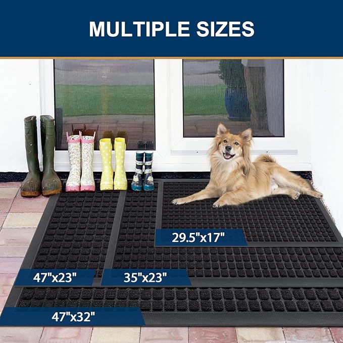 Smiry Front Door Mat Outside Entrance, Heavy Duty Natural Rubber Doormat, Non Slip, Trap Dirt and Moisture, Easy Clean, Low Profile Welcome Floor Mats for Indoor Outdoor Entry, 59x23 Inch, Black
