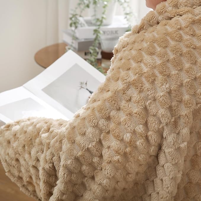 Beige Throw Blanket 50"×60" inches Fuzzy 3D Jacquard Decorative Flannel Fleece Super Soft Plush Cozy Blanket for Couch Sofa Chair Lightweight,Khaki