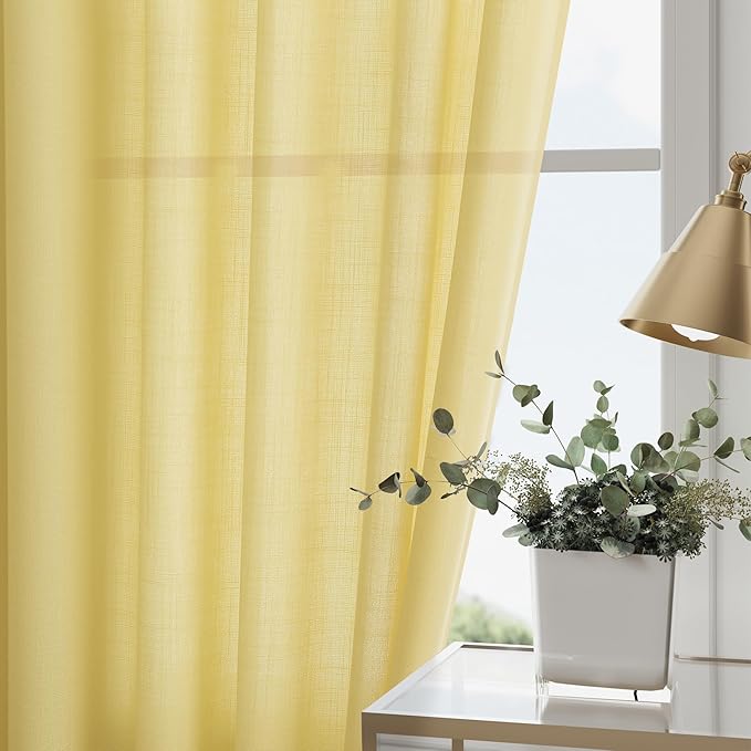 Yellow Linen Curtains 102 Inches Long for Living Room 2 Panel Set Back Tab Rod Pocket Semi Sheer Curtain Light Filtering Burlap Extra Long Drapes Neutral Farmhouse Decor for High Window 52x102
