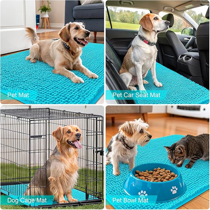 OLANLY Dog Door Mat for Muddy Paws 70x32, Absorbs Moisture and Dirt, Absorbent Non-Slip Washable Doormat, Quick Dry Chenille Mud Mat for Dogs, Entry Indoor Entryway Carpet for Inside Floor, Aqua Blue