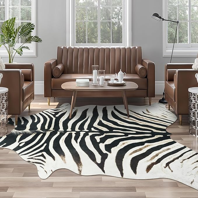 AROGAN Western Faux Fur Zebra Rug, 5.2x6.3 Feet Premium Animal Skin Print Rug, Sturdy Faux Zebra Hide Rugs for Wall Decor, Western Floor Carpet for Bedroom Living Room, Black and White