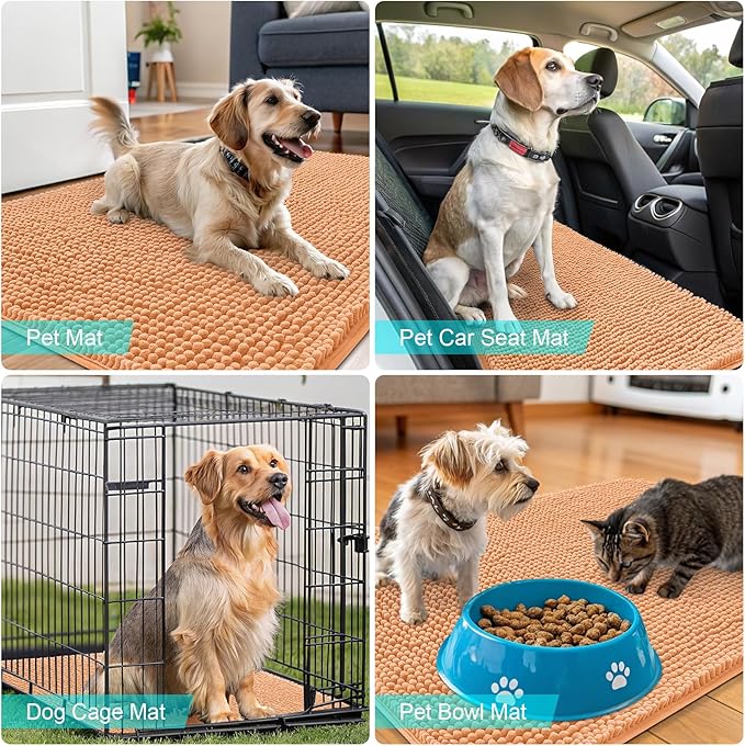 OLANLY Dog Door Mat for Muddy Paws 47x17, Absorbs Moisture and Dirt, Absorbent Non-Slip Washable Doormat, Quick Dry Chenille Mud Mat for Dogs, Entry Indoor Entryway Carpet for Inside Floor, Orange