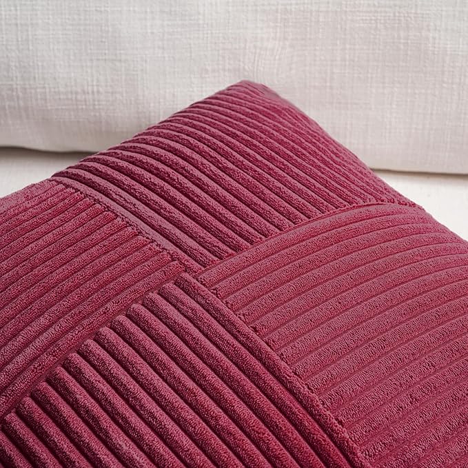 Fancy Homi 2 Packs Burgundy Lumbar Decorative Throw Pillow Covers 16x32 Inch for Living Room Couch Bed, Farmhouse Boho Home Decor, Soft Striped Corduroy Rectangle Accent Cushion Case 40x80 cm