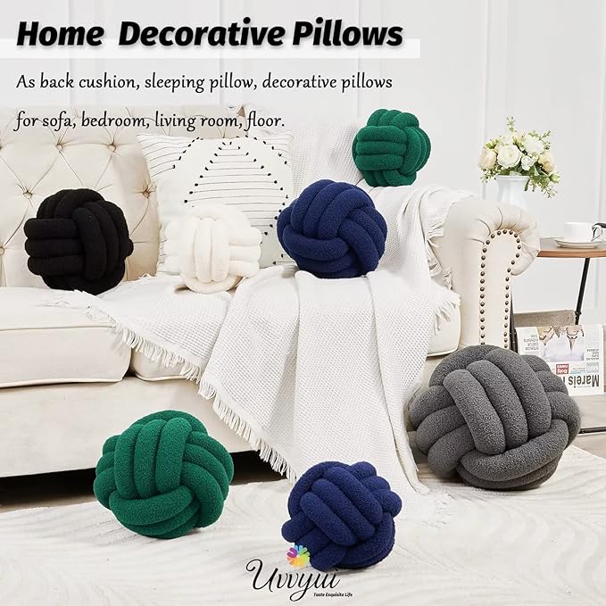Uvvyui Knot Pillow Ball, Soft Home Decorative Pillows, Round Throw Pillow, Handmade Knotted Plush Pillow, Round Boucle Pillow Cushion (14 Inches Black)