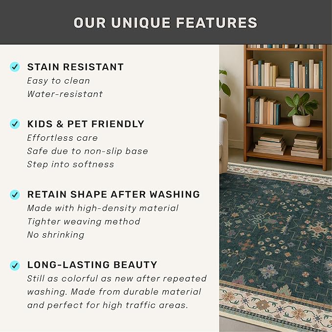 Hazo Haus Dark Green Vintage 8x10 Washable Rugs for Living Room - Dark Academia Victorian Floral Geometric Bedroom Rug, Ultra Soft Thin Low Pile Non-Slip Large Rugs for Dining Room Under Table Lounge