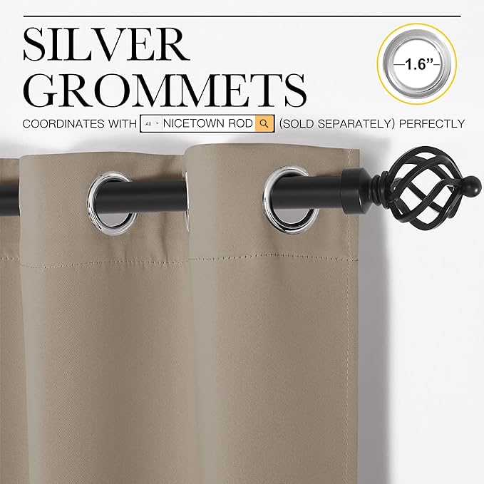 NICETOWN Bedroom Curtains Blackout Drapery Panels, 2 Panels, 42 x 54 Inch, Taupe, 3 Pass Microfiber Thermal Insulated Solid Ring Top Blackout Window Curtains/Drapes