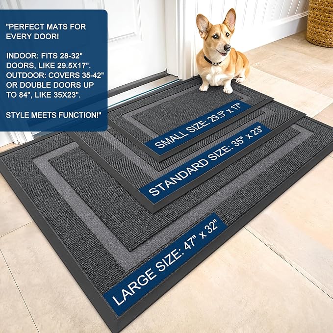 OLANLY Front Door Mat Indoor Outdoor Entrance, Waterproof All-Season, All-Weather Doormat, Sturdy Natural Rubber, Fade Resistant, Low Profile, Easy Clean Patio Porch Entryway Mat, 59x20, Grey