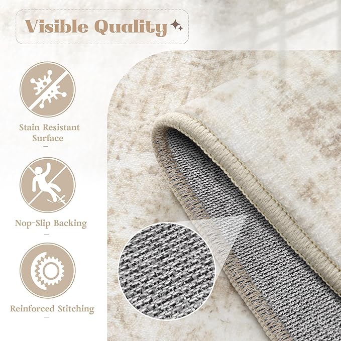 Area Rug 9x12 Washable Rug, Vintage Boho Medallion Rugs Non-Slip Soft Low Pile Large Distressed Rug Indoor Retro Carpet for Living Room Bedroom Dining Room Home Office (Beige, 9'x12')