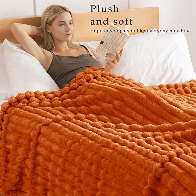 Exclusivo Mezcla Fleece Throw Blanket for Couch, Super Soft Striped Jacquard Bed Blanket, Lightweight Fuzzy Cozy for All Seasons, 50x60 Inches, Burnt Orange
