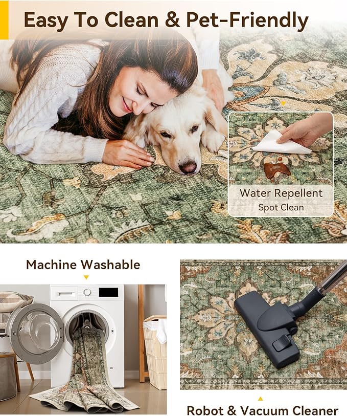 Area Rugs 10'x12' Washable Non-Slip, Floral Vintage Distress Print Pattern Medallion Carpet for Living Room Bedroom Dining Room, Brick Red Rust Neutral Brown Burnt Orange Green