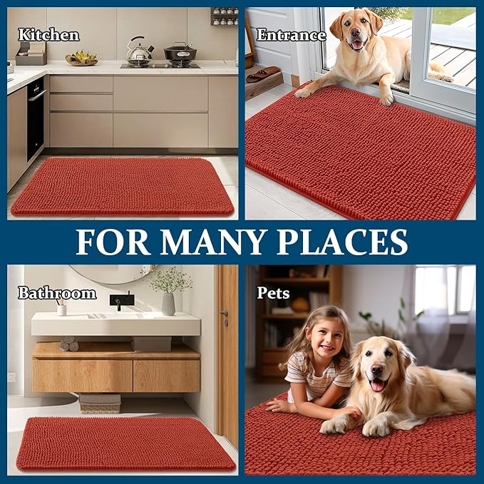 OLANLY Dog Door Mat for Muddy Paws 59x32, Absorbs Moisture and Dirt, Absorbent Non-Slip Washable Doormat, Quick Dry Chenille Mud Mat for Dogs, Entry Indoor Entryway Carpet for Inside Floor, Maple Red