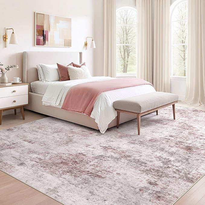 UERMEI 8x10 Area Rug Living Room Rugs - Washable Neutral Modern Abstract Soft Thin Large Rug Indoor Floor No Slip Rug Carpet for Bedroom Under Dining Table Home Office Decor - Pink