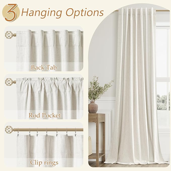 Cream 100% Blackout Linen Curtains 100 Inch Length 2 Panels Set for Living Room Bedroom Back Tab Thermal Insulated Black Out Drapes Room Darkening Farmhouse Style for Bedroom Window Curtains 52x100