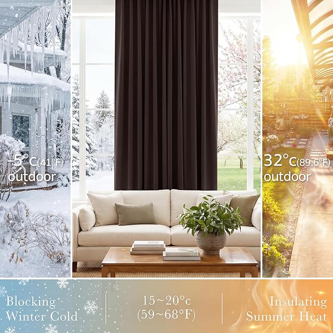 PONY DANCE Small Blackout Curtains for Kitchen Windows, Short Drapes for Bathroom, Thermal Insulated Window Curtains Tiers for Basement, W 29 x L 36, Brown, 1 Pair