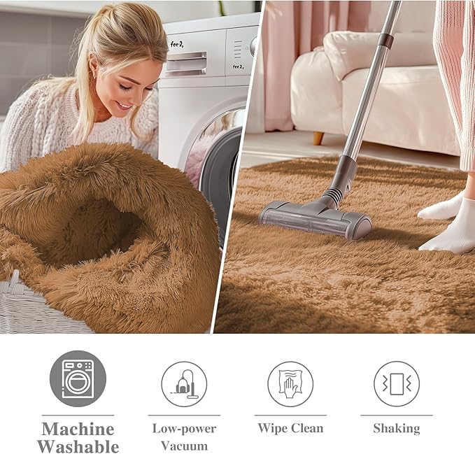OLANLY Khaki Round Rugs for Bedroom - Machine Washable, 7 ft Circle Area Rugs for Living Room, Soft and Fluffy Shaggy Carpet for Teen Girl and Boys, Nursery Rooms, Dorms, Home Decor Aesthetic