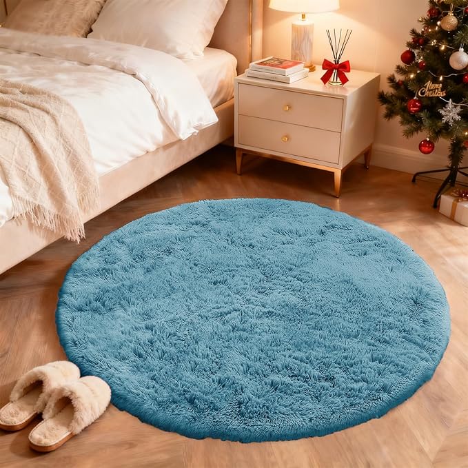 OLANLY Slate Blue Round Rugs for Bedroom - Machine Washable, 3 ft Circle Area Rugs for Living Room, Soft and Fluffy Shaggy Carpet for Teen Girl and Boys, Nursery Rooms, Dorms, Home Decor Aesthetic