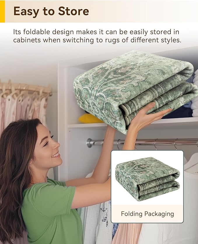 RELEANY Area Rugs Square 8ft Washable Non-Slip, Floral Vintage Distress Print Pattern Medallion Carpet for Living Room Bedroom Dining Room, Dark Green Gray