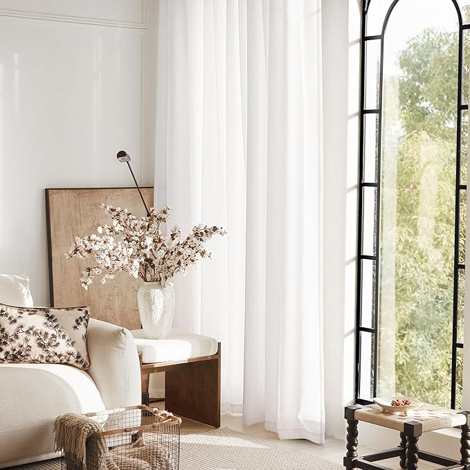 White Linen Curtains 72 inch Long 2 Panel Set for Living Room Back Tab Semi Sheer Light Filtering Bedroom Window Curtain 72 inch Length Cotton Textured Modern Elegant Coastal Drapes 60x72
