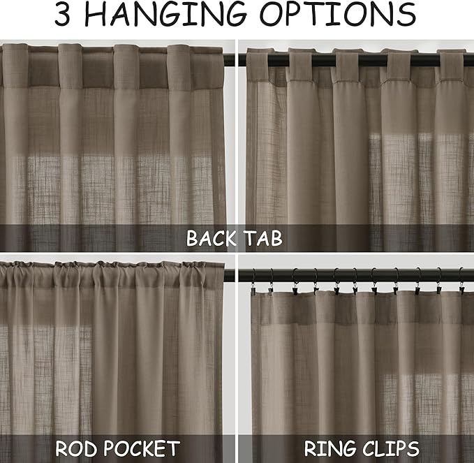 Dark Taupe Linen Curtains 84 Inch Length 2 Panels for Bedroom Back Tab Pocket Semi Sheer Light Filtering Curtains Burlap Textured Farmhouse Curtain for Living Room Dining Room Aesthetic Decor 40x84