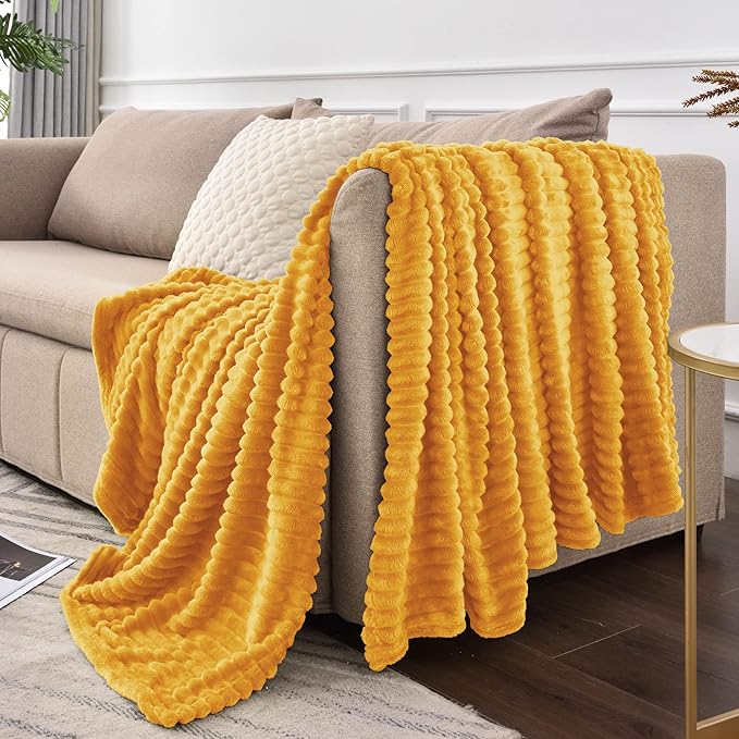 BEDELITE Fleece Throw Blanket for Couch – 3D Ribbed Jacquard Soft and Warm Decorative Fuzzy Blanket – Cozy, Fluffy, Plush Lightweight Mustard Yellow Throw Blankets for Bed, Sofa, 50x70 inches
