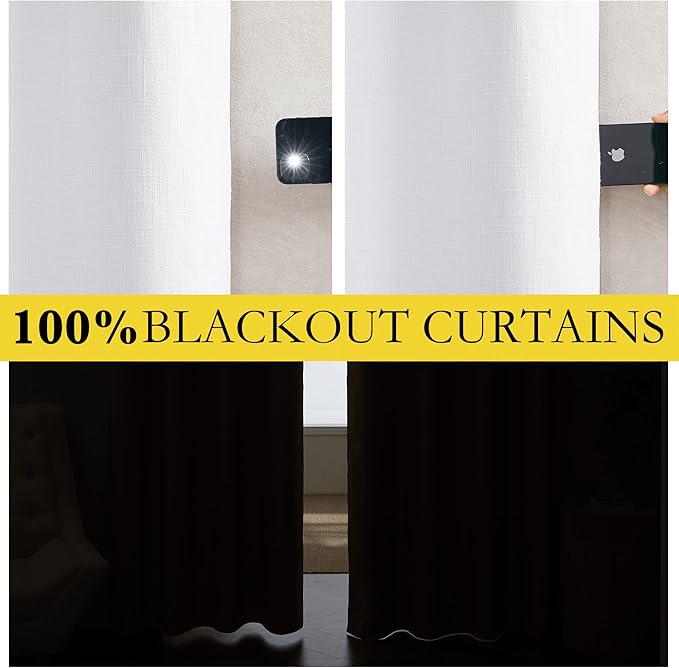 NICETOWN 100% Absolutely Blackout Linen Curtains with Thermal Insulated White Liner, White, 34 inches Wide, 80 inches Length Energy Saving Curtains for Living Room 2 Panels Set, Vertical Blinds