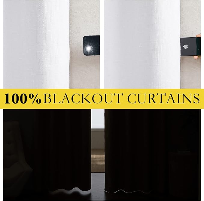 NICETOWN 100% Absolutely Blackout Linen Curtains with Thermal Insulated White Liner, White, 34 inches Wide, 60 inches Length Energy Saving Curtains for Cupboard 2 Panels Set, Vertical Blinds