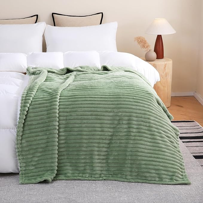Sage Green Fleece Throw Blanket 60”×80” for Couch Sofa Bed,Super Soft Cozy Plush Microfiber Flannel Blanket with Stripes Design Lightweight for Adults,Woman,Girls