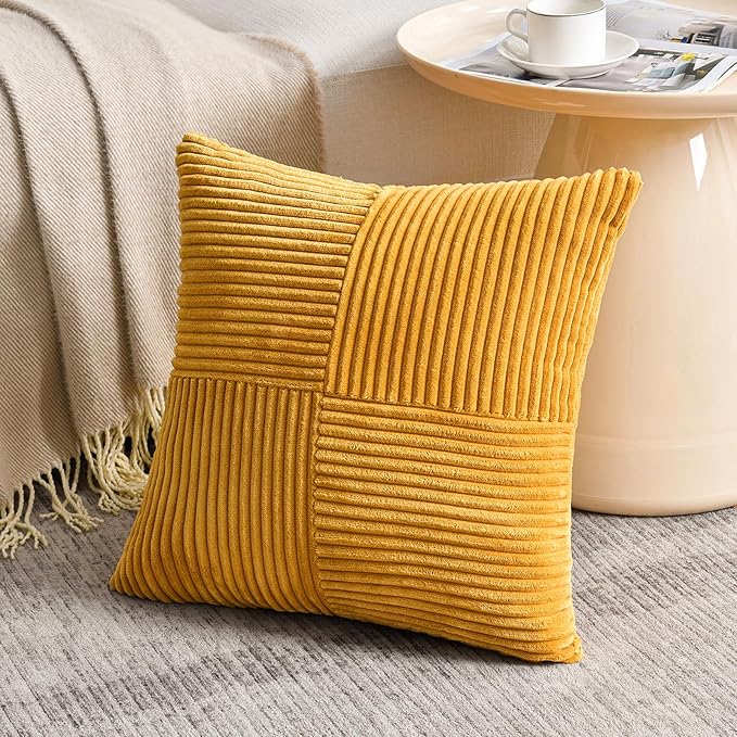 Fancy Homi 2 Packs Gold Yellow Euro Decorative Throw Pillow Covers 28x28 Inch for Bedroom Bed, Farmhouse Boho Home Decor, Soft Corss Corduroy Patchwork Textured Square Cushion Case 71x71 cm