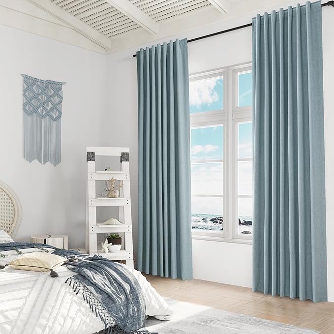 Guken 100% Blackout Linen Curtains 90 Inch Length 2 Panels Set for Living Room Bedroom Back Tab Thermal Insulated Black Out Drapes Room Darkening Farmhouse Style for Bedroom Window Curtains 52x90