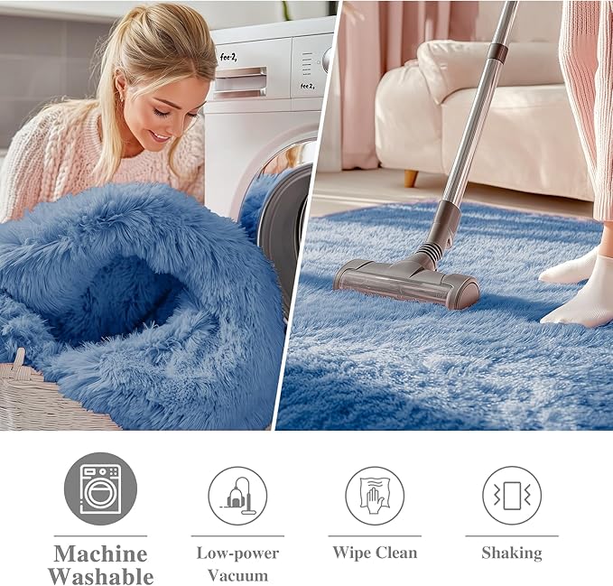 OLANLY Blue Round Rugs for Bedroom - Machine Washable, 3 ft Circle Area Rugs for Living Room, Soft and Fluffy Shaggy Carpet for Teen Girl and Boys, Nursery Rooms, Dorms, Home Decor Aesthetic
