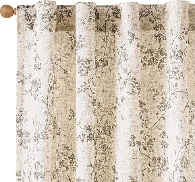 Lazzzy Grey Floral Linen Curtains 90 Inch Farmhouse Back Tab Drapes for Living Room Bedroom Light Filtering Vintage Grandmillennial Rod Pocket Curtains, 2 Panels, W38 x L90, Grey on Beige