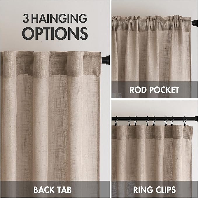 MIULEE Taupe Short Linen Curtains 45 Inch Length 2 Panels for Kitchen Bedroom Bathroom, Soft Thick Linen Textured Basement Window Drapes Semi Sheer Light Filtering Back Tab Burlap Look Decor