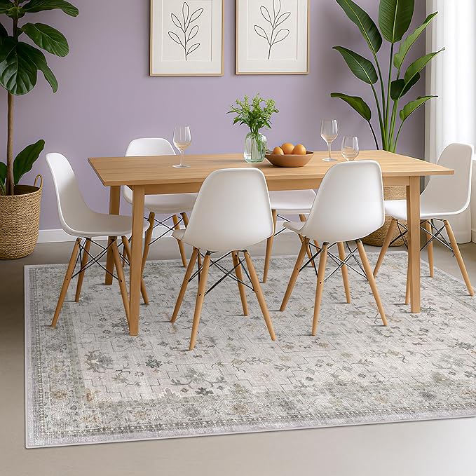 Hazo Haus Boho Light Grey Living Room Rug 7x9 - Modern Eclectic Floral Paste Neutral Taupe, Washable Low Pile Non-Slip Large Area Rugs for Dining Under Table, Bedroom Under Bed