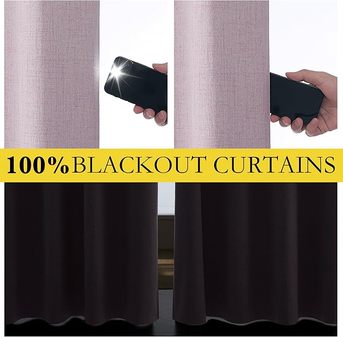 NICETOWN Pink Vintage Linen 100% Blackout Curtains for Living Room, Thermal Insulated Curtains 108" Long, Noise Reducing Window Treatment Drapes for Hall Room, 52" Wide Per Panel, Set of 2