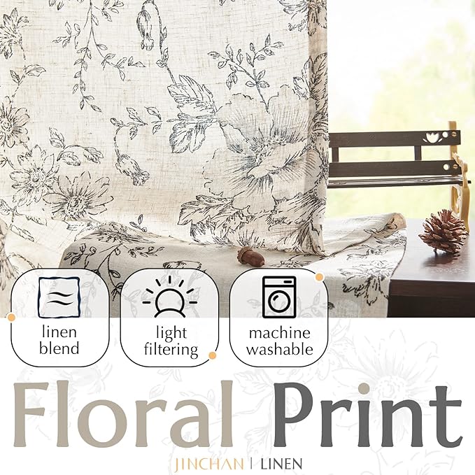 jinchan Linen Floral Curtains 84 Inch Length for Living Room Bedroom Light Filtering Farmhouse Peony Flower Drapes Rustic Window Curtain Set Rod Pocket Back Tab 2 Panels Black