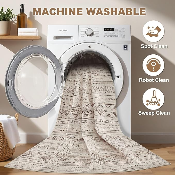 Nakagishi 5x8 Area Rug Living Room: Washable Boho Large Neutral Soft Farmhouse Rugs Stain Resistant Modern Indoor Floor Non-Slip Carpet for Bedroom Nursery Kids Office Dining Room Dorm - Dark Brown