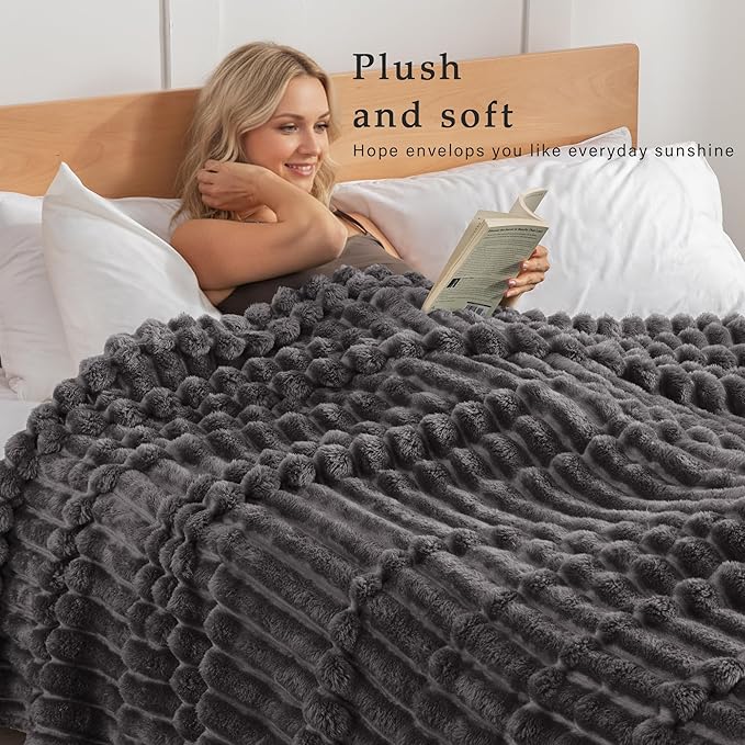 Exclusivo Mezcla Twin Size Flannel Fleece Blanket, Super Soft Striped Jacquard Bed Blanket, Lightweight Fuzzy Cozy for All Seasons, 60x80 Inches, Dark Grey