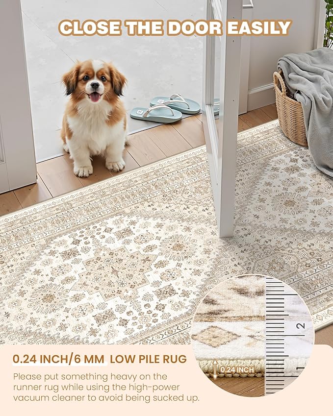 Washable Runner Rug 2.5x14, Non-Slip Long Kitchen Mats for Floor, Vintage Rug for Entryway, Soft Hallway Runner for Dining Room, Bedroom, Living Room(Cream/Beige,2.5'x14')
