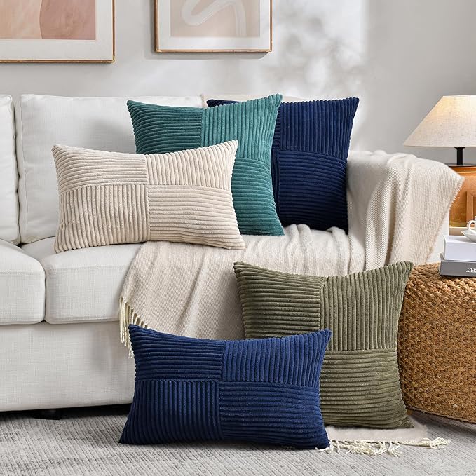 Fancy Homi 2 Packs Tan Lumbar Decorative Throw Pillow Covers 12x20 Inch for Living Room Couch Bed Sofa, Boho Home Decor, Soft Striped Corduroy Rectangle Accent Beige Cushion Case 30x50 cm